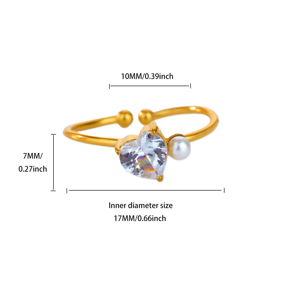 Wholesale Luxury Zircon Pearl Heart-Shaped Adjustable Opening Ring