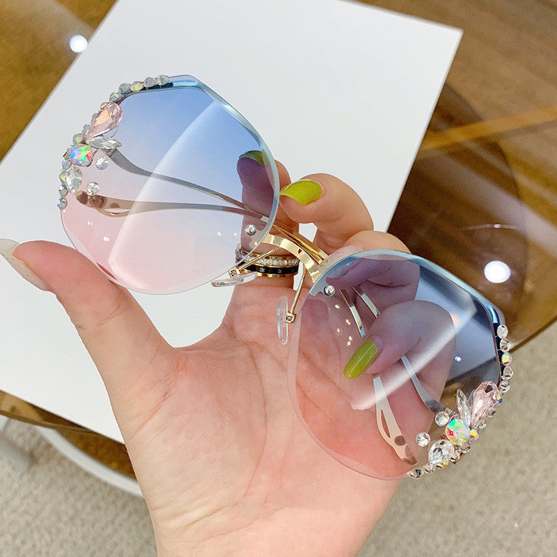 Wholesale Frameless Trim Fashion Big Face Slimming Diamond Sunglasses