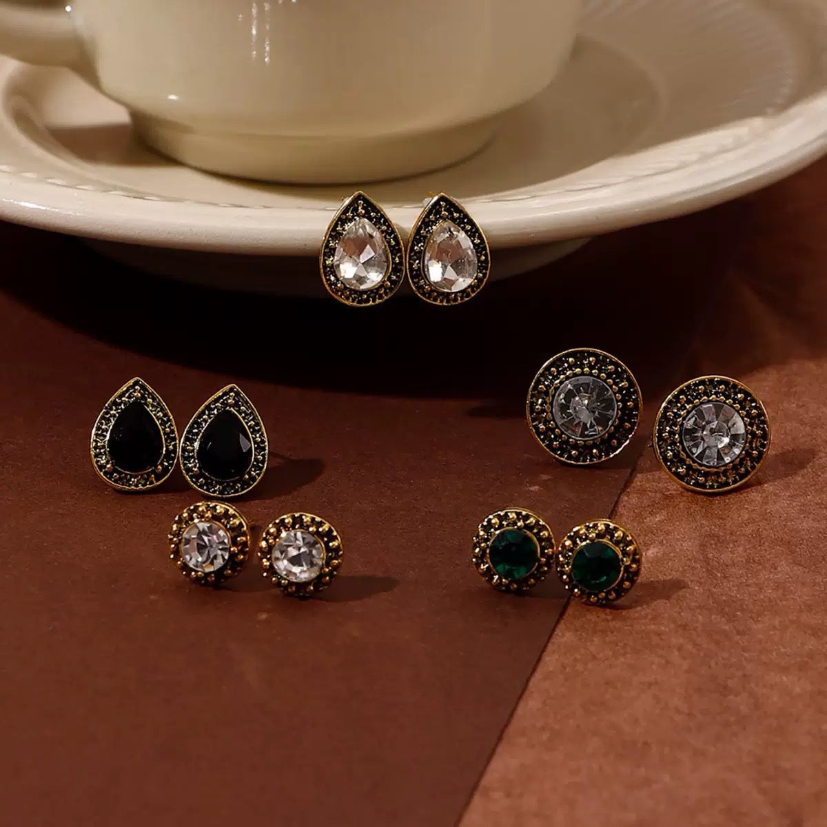 Wholesale 5 Pairs Ancient Silver Zinc Alloy Bohemian Drop Earrings With Zircon And Black Stone Vintage Style Fashion Accessory