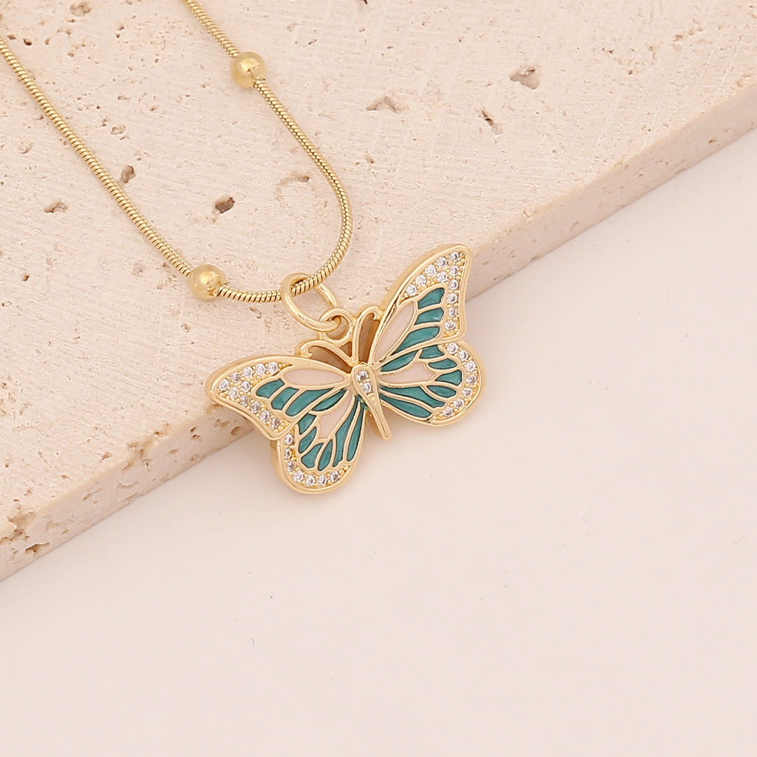 Wholesale Drip Oil Butterfly Copper Micropaved Zircon Pendant Stainless Steel Necklaces