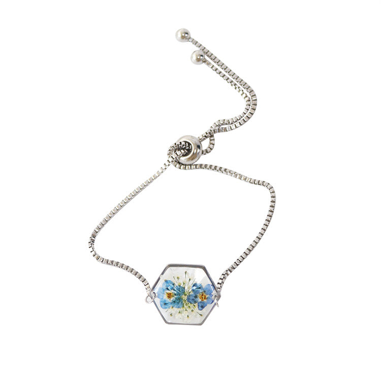 Wholesale New Hexagonal Dried Flower Bracelet Gold Silver Color Small Flower Forget-Me-Not Dried Flower Stainless Steel Chain