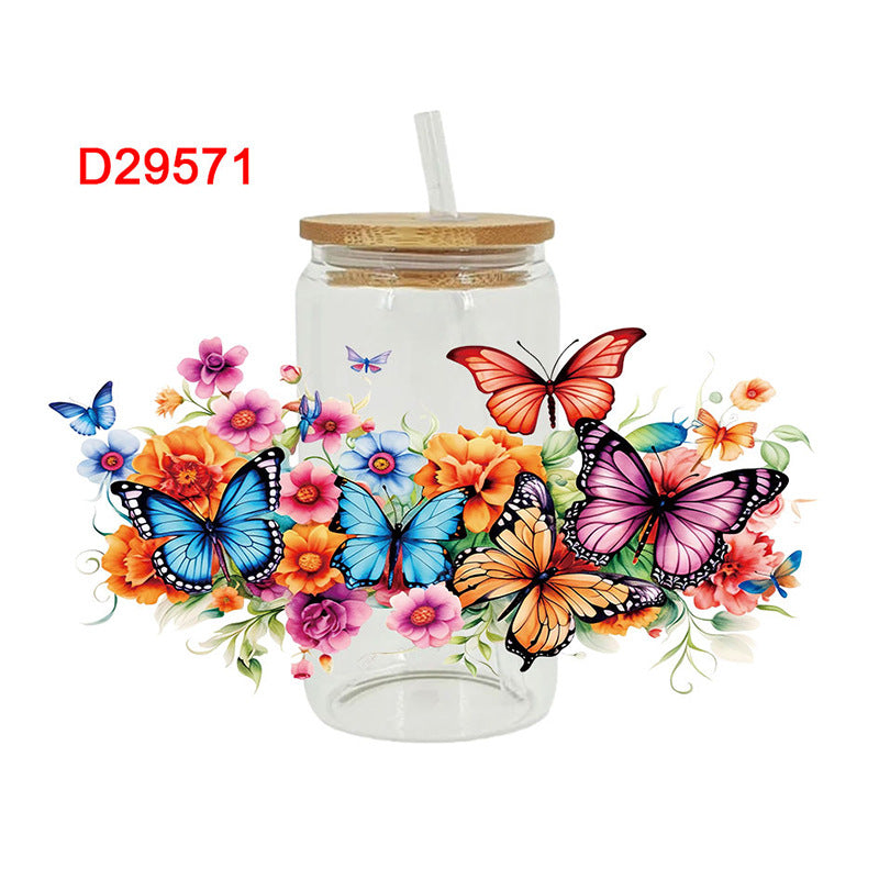 Wholesale Colorful Butterfly Flowers  16oz Cup UV DTF Wraps