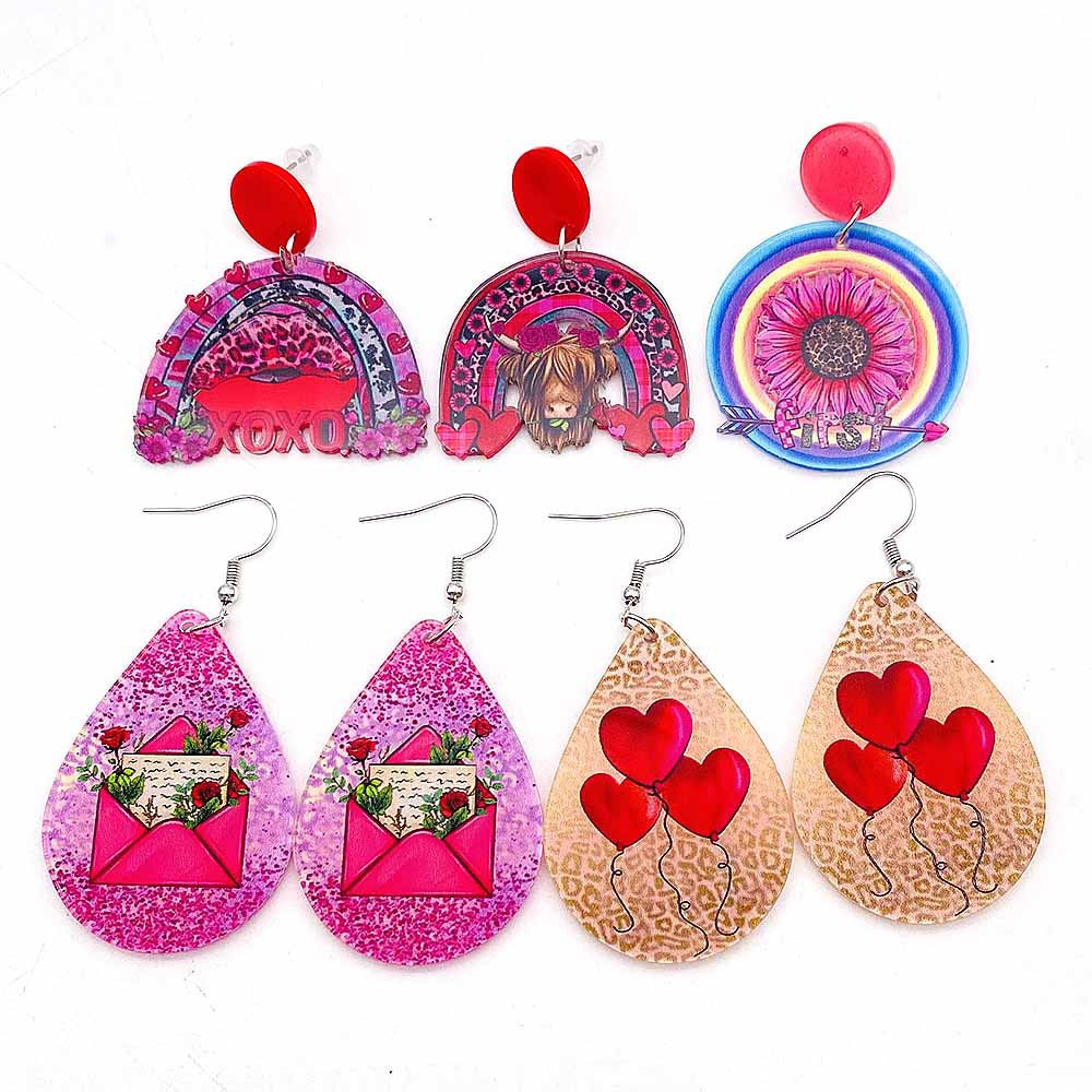 Wholesale Valentine's Day West Highland Cow Rainbow Acrylic Pink Envelope Love Balloon Earrings