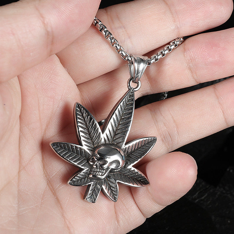 Wholesale Hip Hop Sweater Chain Maple Leaf Stainless Steel Skull Necklace