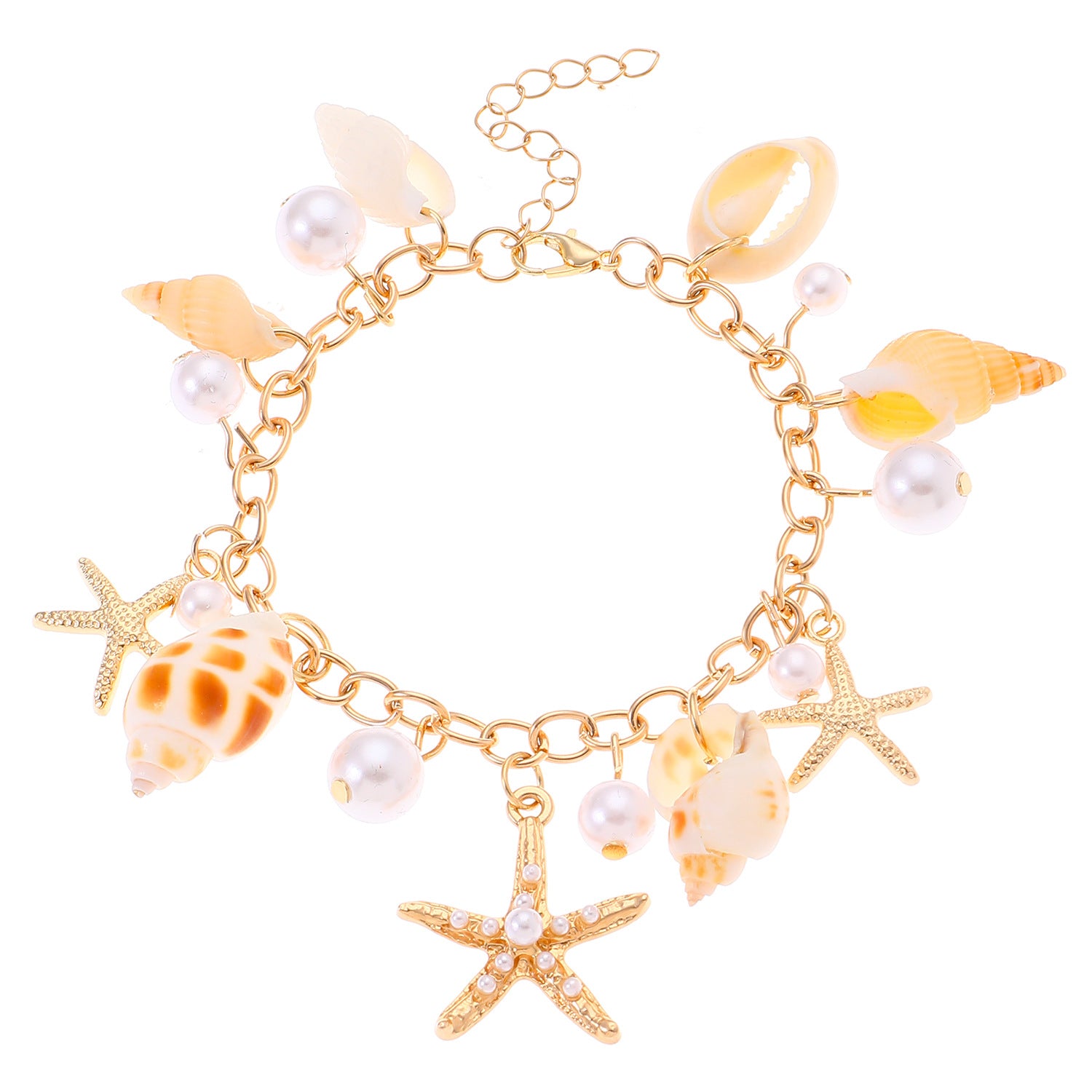 Wholesale Electroplated Alloy Bohemian Beach Shell Necklace And Bracelet Set For Women Faux Pearl Starfish Conch Fashion Accessory