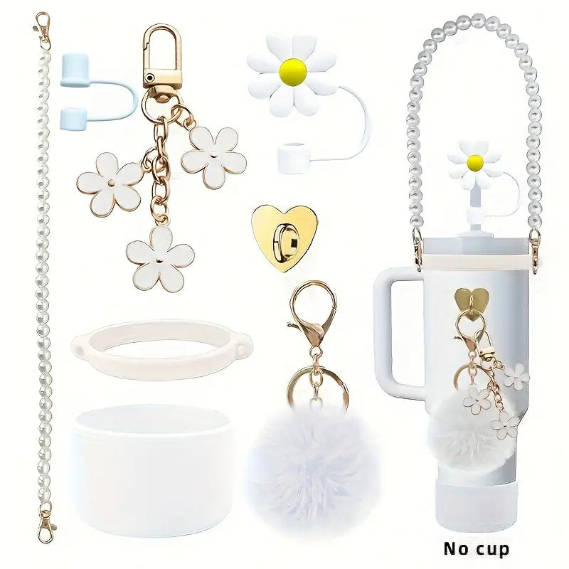 Wholesale Pearl Handle Rope Flower Cup Chain Fur Ball Silicone Straw Hat