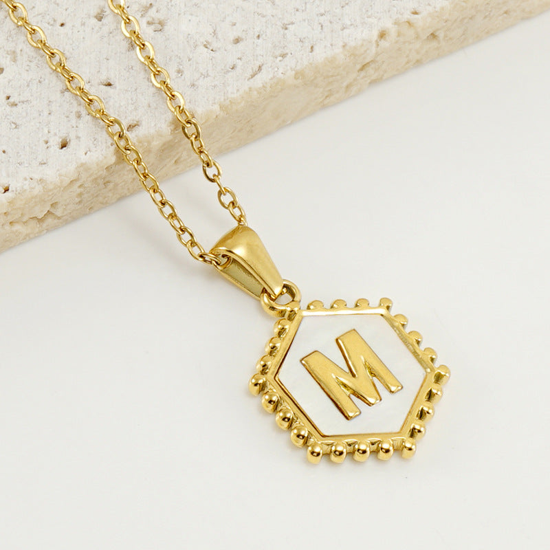 Wholesale Stainless Steel Plated Hexagonal Natural Shell Letter Pendant 18K Necklace