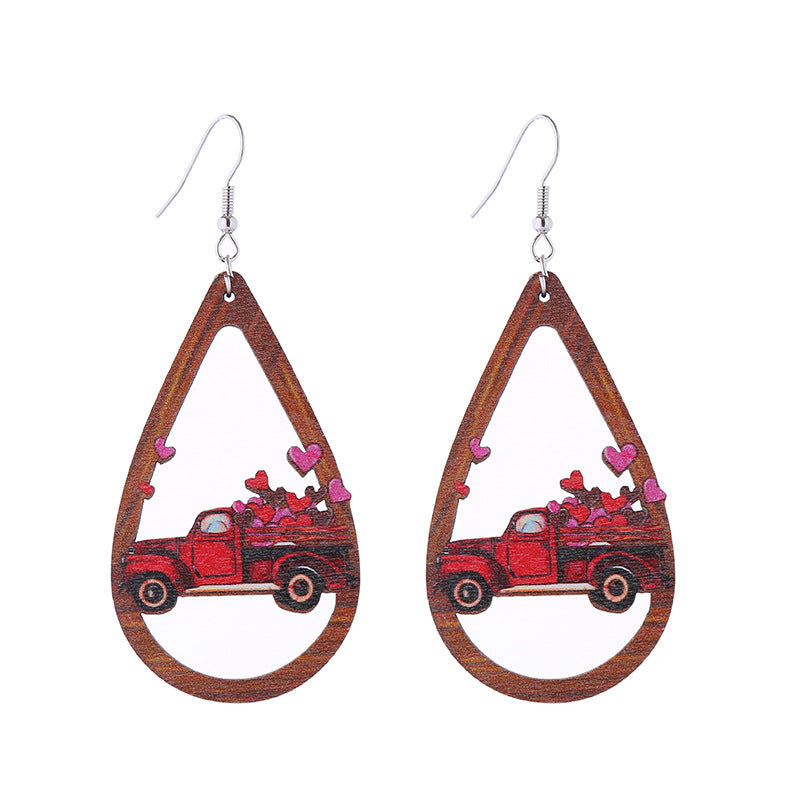 Wholesale Leopard Print Heart Pink Envelope Valentine's Day Wooden Earrings