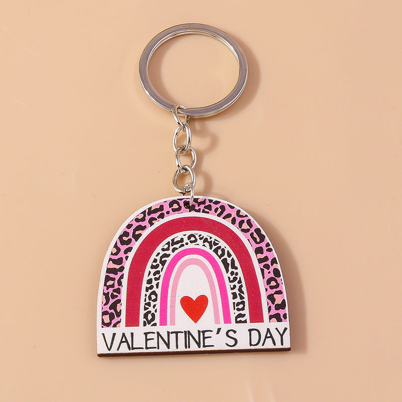 Wholesale Wooden Valentine's Day Rainbow Heart Pink Keychain