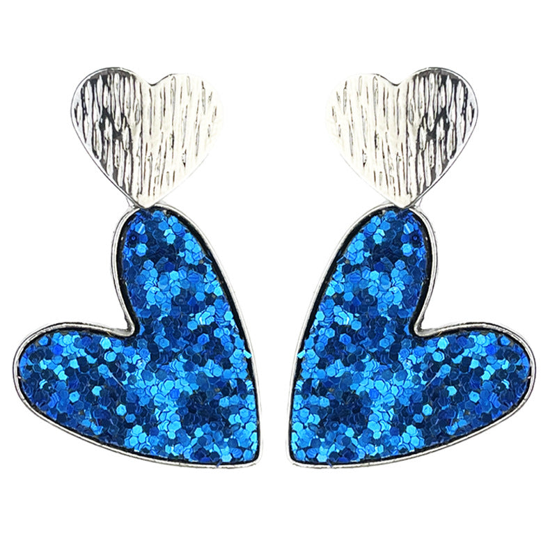 Wholesale 2pcs Valentine's Day Double Heart Symmetrical Multicolor Shiny Atmosphere Leather Metal Earrings