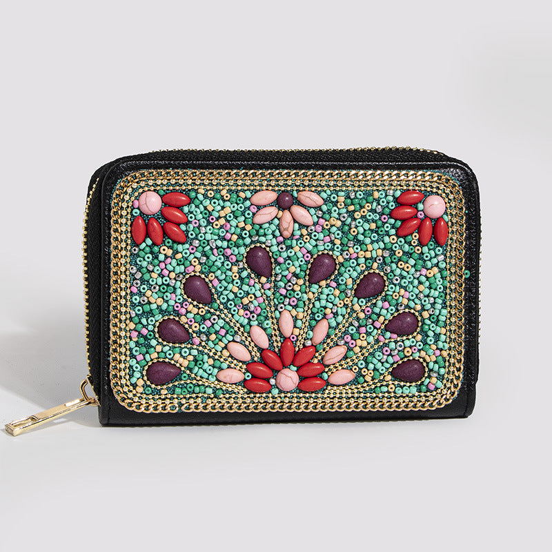 Wholesale Heavy Industry Boho Style Rice Beads Butterfly Flower PU Clutch Bag