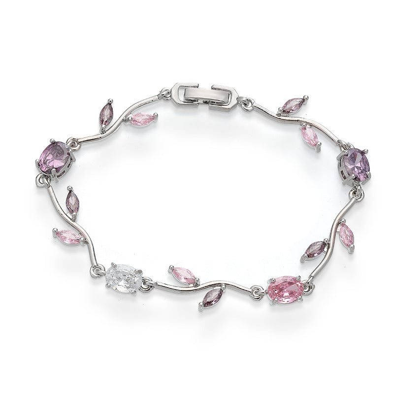 Wholesale Copper Inlaid with Colored Diamonds Leaves and Petals Bracelet