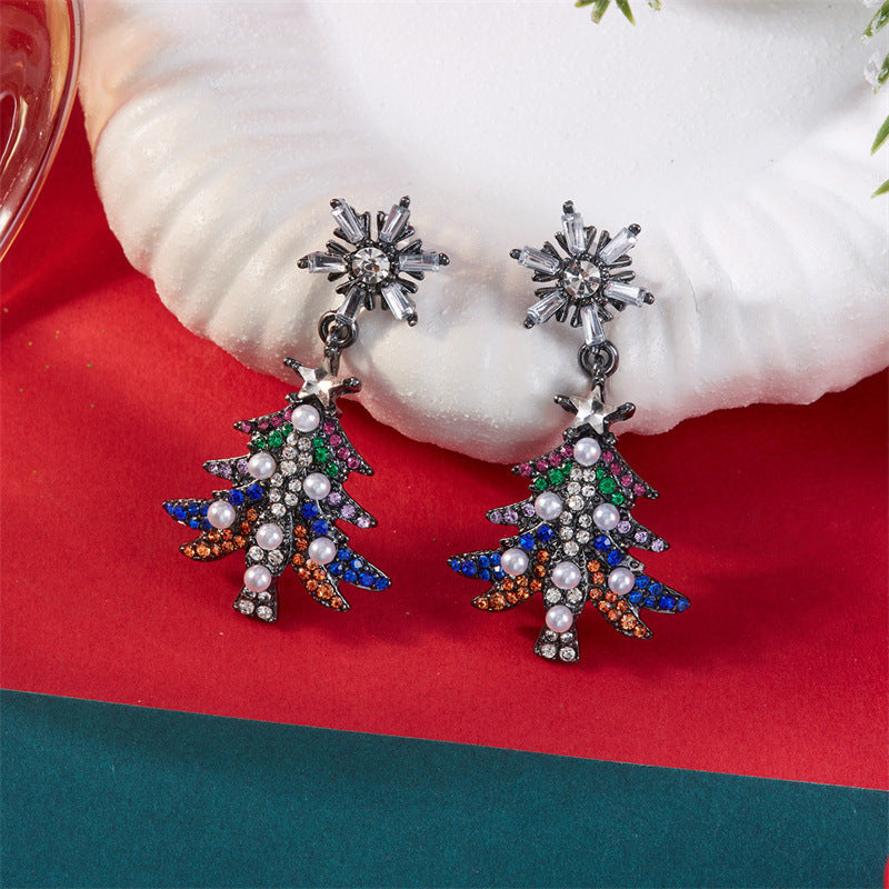 Wholesale Colorful rhinestone snowflake Christmas tree earrings