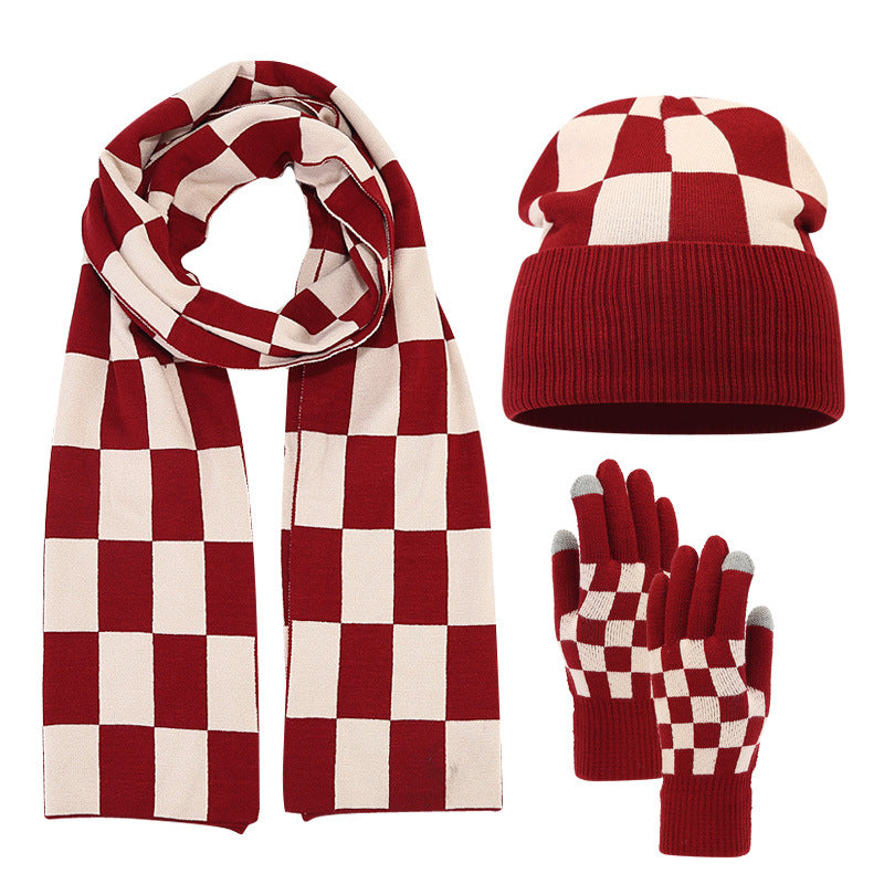 Wholesale Adult Winter Checkerboard Double Layer Thickened Knitted Hat Gloves Scarf Set