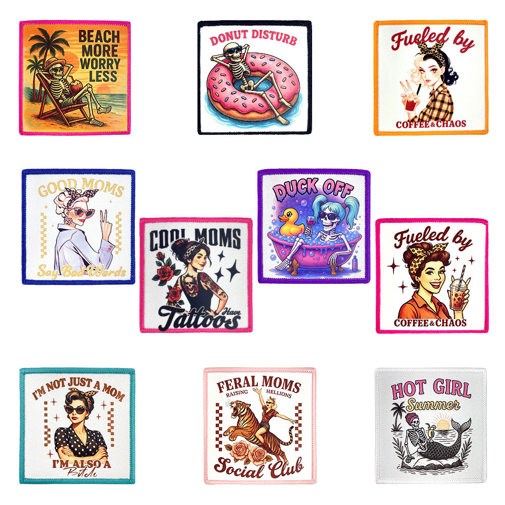Wholesale Chic Skull Coffee Mom Beach Embroidered Patches Towel Embroidery With Hot Melt Adhesive Back DIY Craft Supplies For Clothing Bags And Home Decor