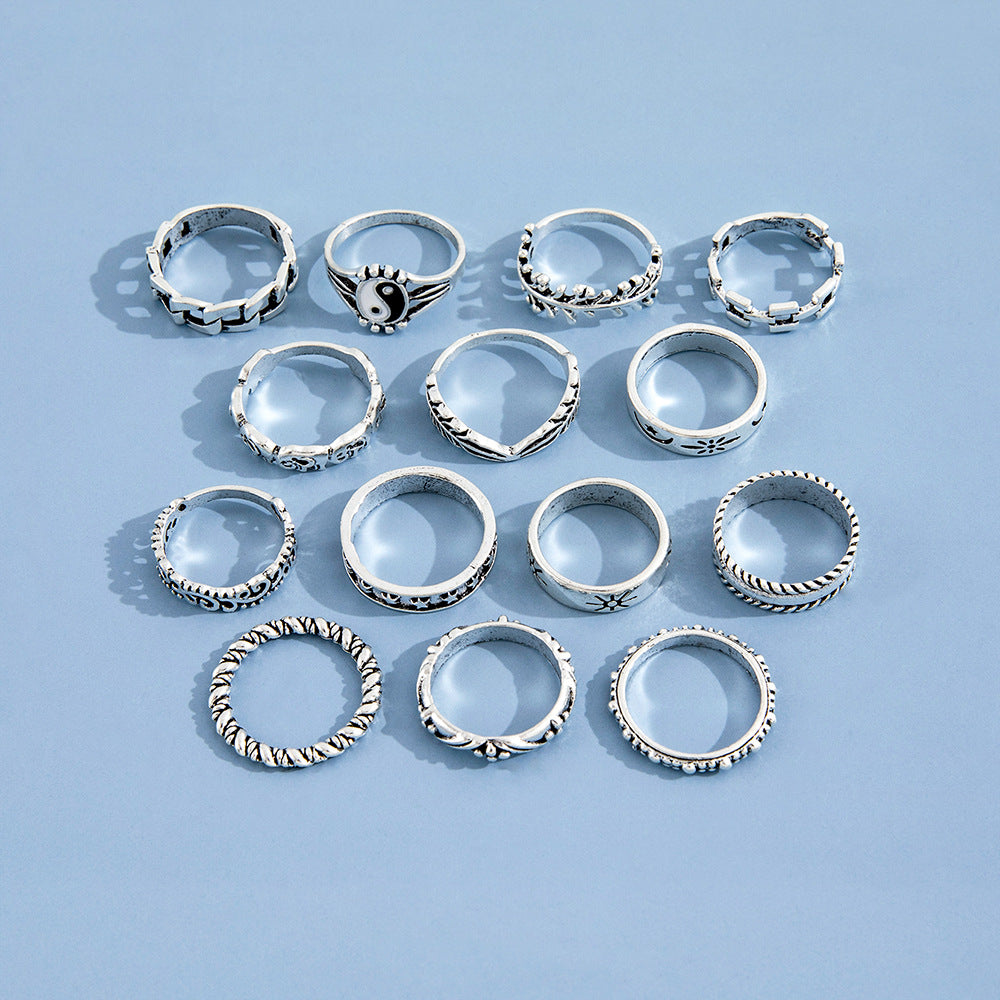 Wholesale Metal Yin Yang Embossed Elephant Geometric Ring Set of Fourteen Pieces