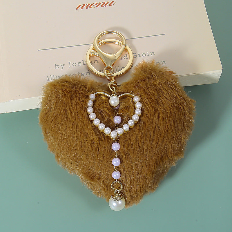 Wholesale Plush Peach Heart Pearl Love Heart Pom-Pom Keychain