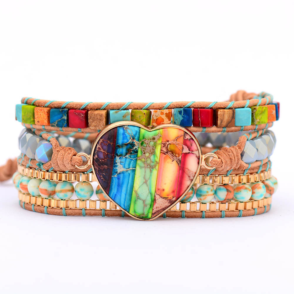 Wholesale Multi-Layer Woven Design Natural Emperor Stone Leather Bracelet