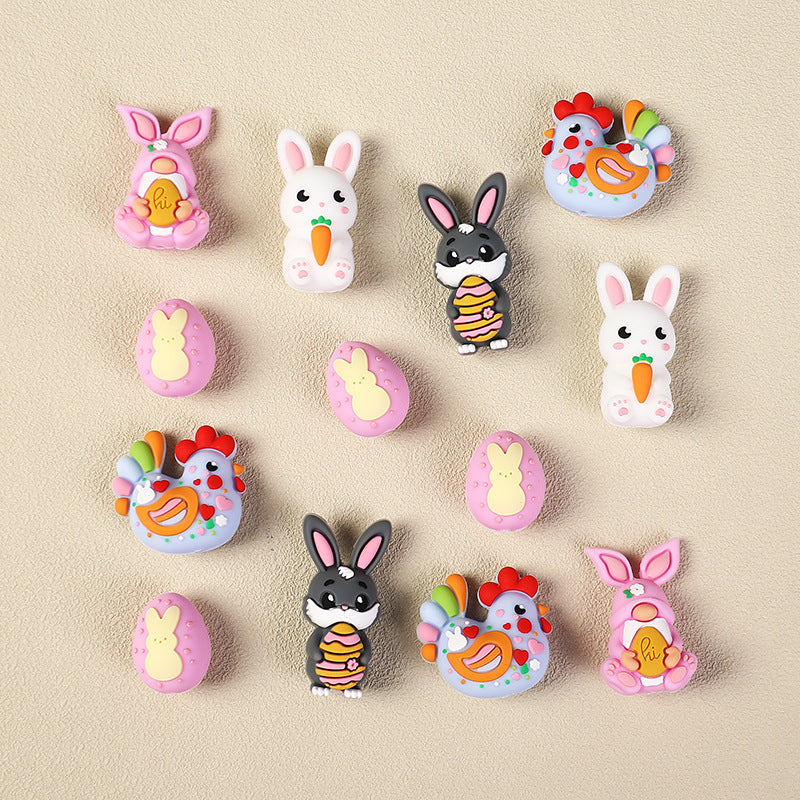 Wholesale 20pcs Rabbit 3D Silicone  Easter  Eggs DIY Jewelry Straight Hole Focal Beads