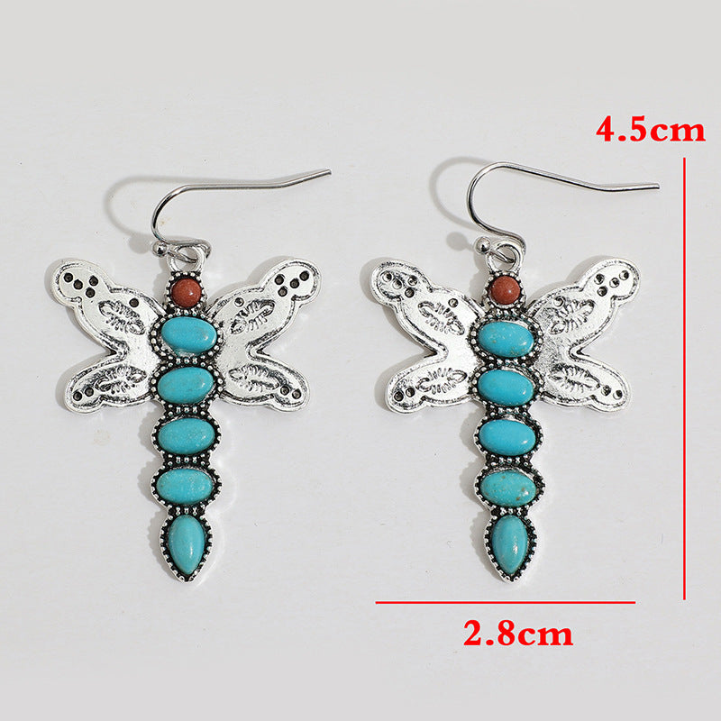 Wholesale Bohemian Vintage Natural Turquoise Dragonfly Alloy Earrings