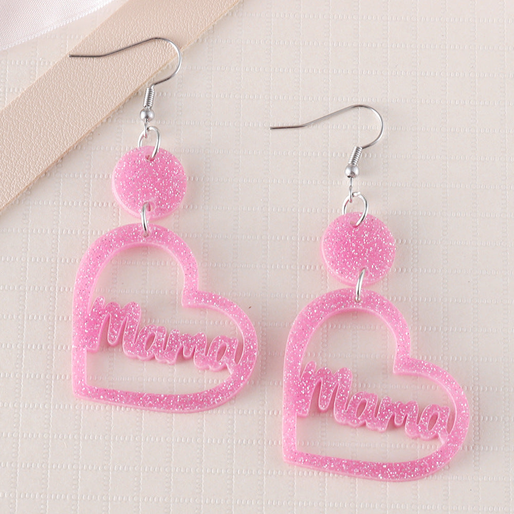 Wholesale Pink MAMA hollow heart disc double-sided earrings