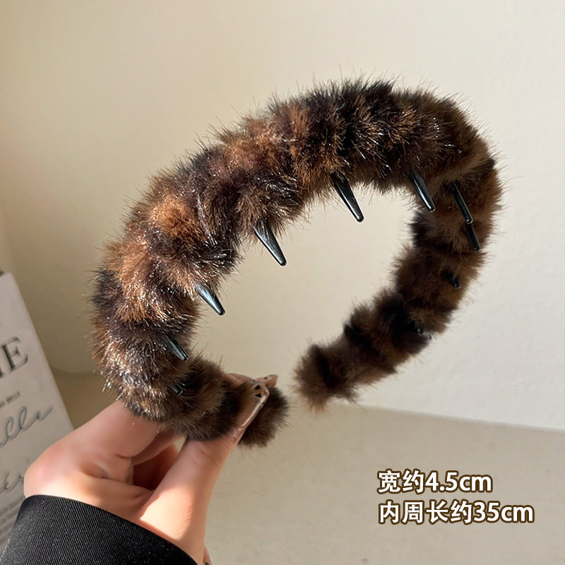 Wholesale Big wave leopard plush retro toothed non-slip headband