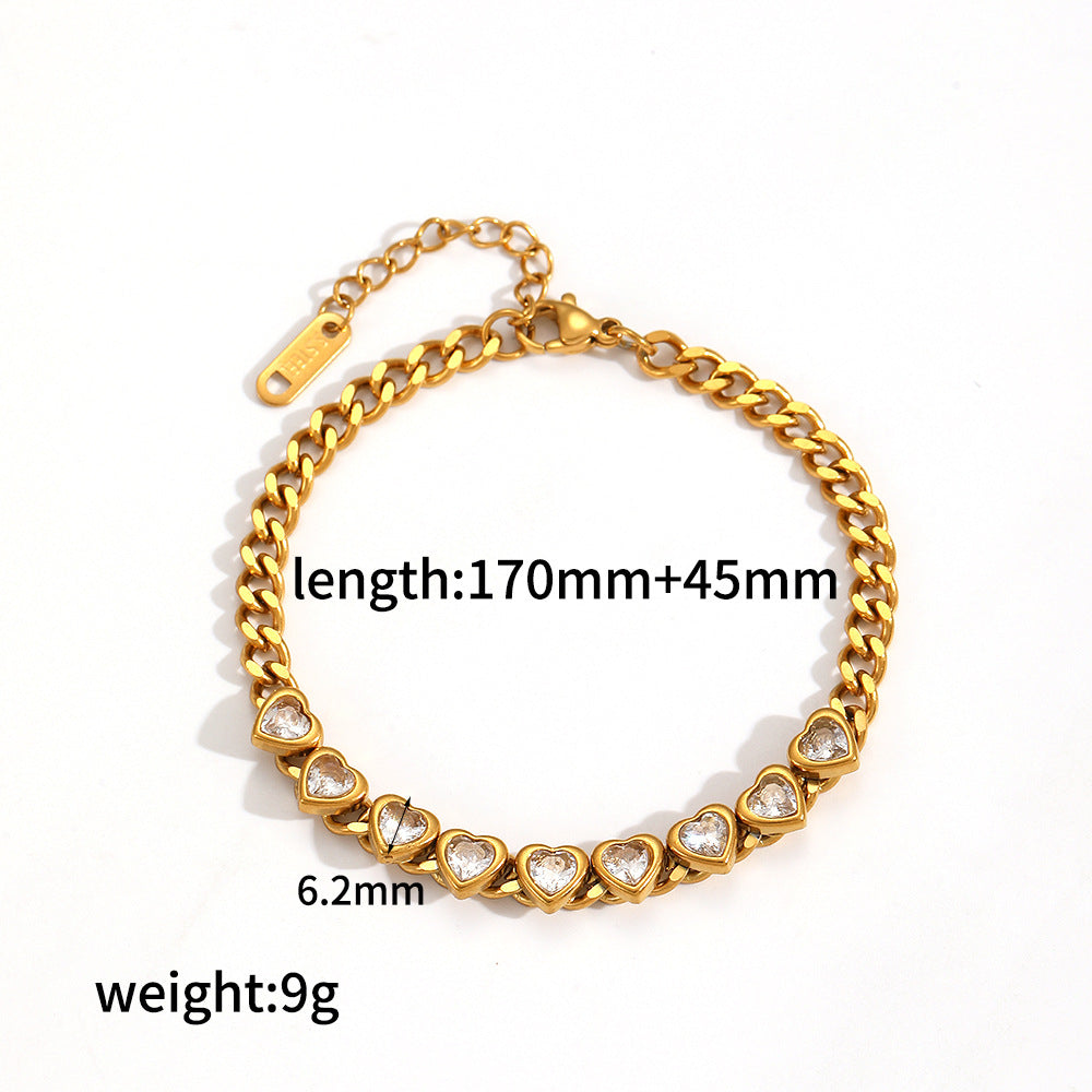 Wholesale Tennis chain with diamond studded heart-shaped stainless steel bracelet