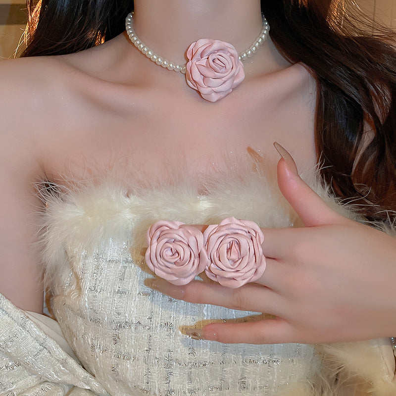 Wholesale Vintage Fabric Flower Sweet Necklace Bracelet Earring Set