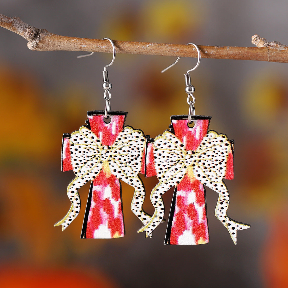 Wholesale Polka Dot Bow Painted Cross Pendant Earrings Double-Sided Earrings