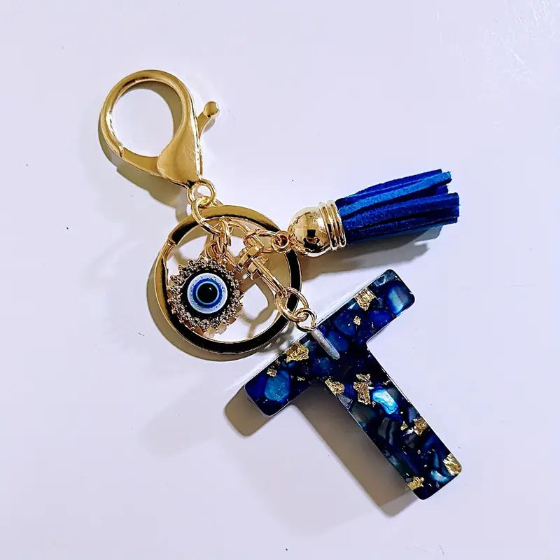 Wholesale Blue English letter Evil Eye tassel keychain