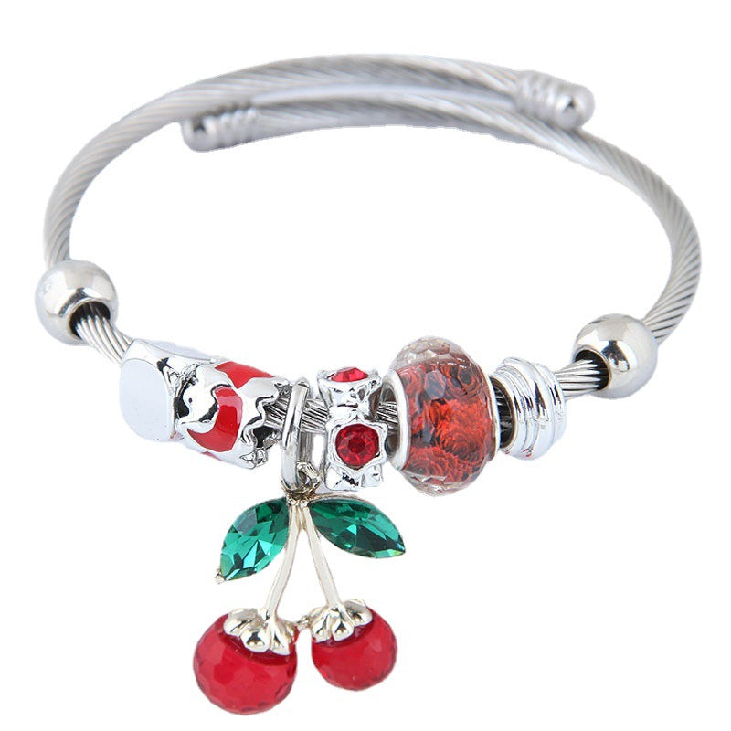 Wholesale Stainless Steel Open Cherry Crystal Beaded Bracelet