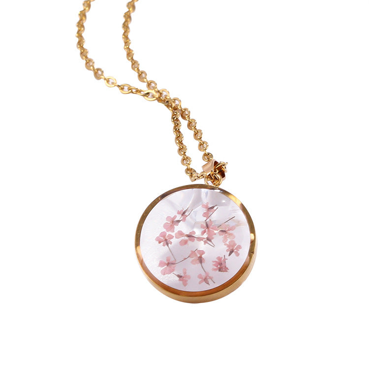 Wholesale 6pcs Simple Resin Stainless Steel Round Dripping Glue Dried Flower Necklace