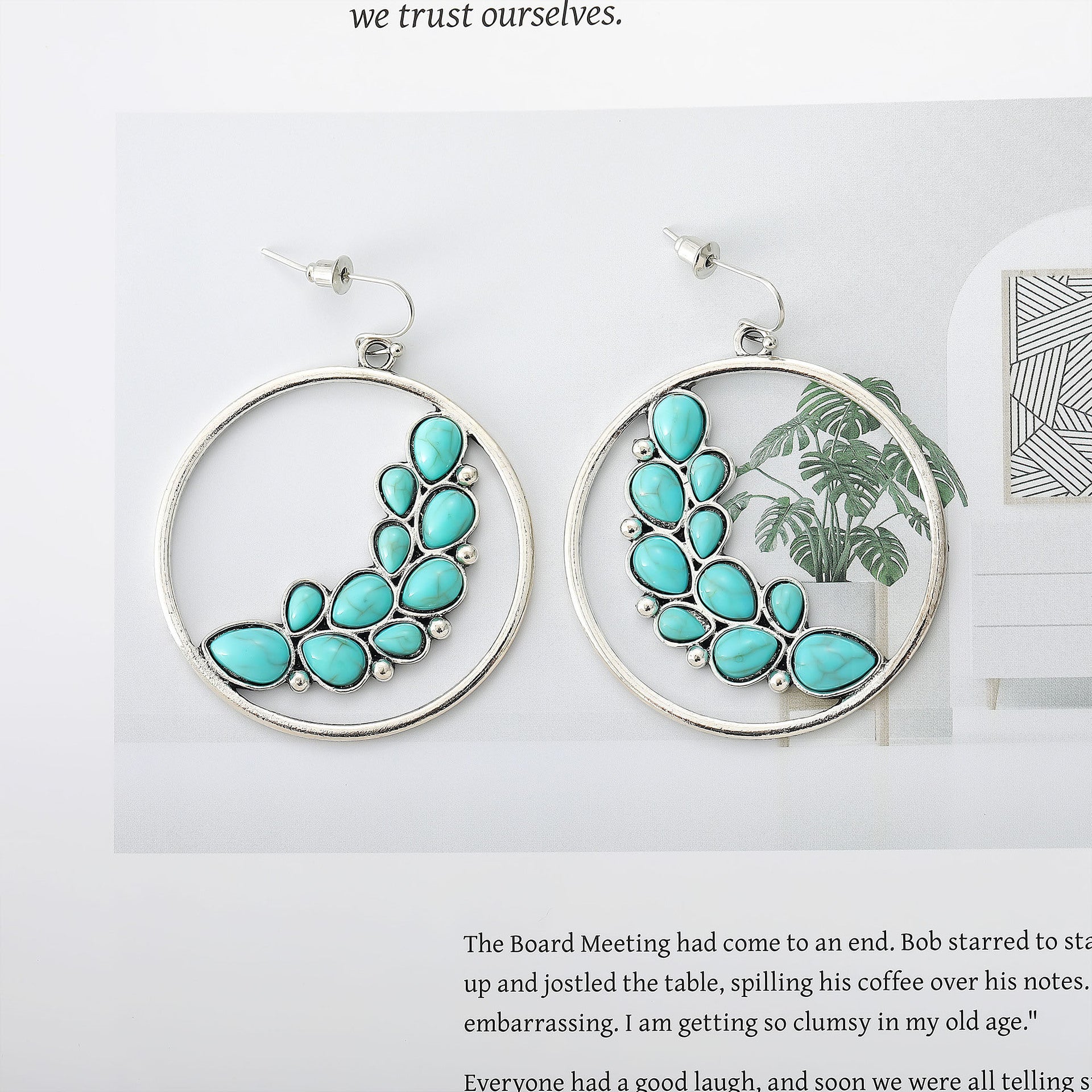 Wholesale Retro exaggerated big circle leaf turquoise earrings