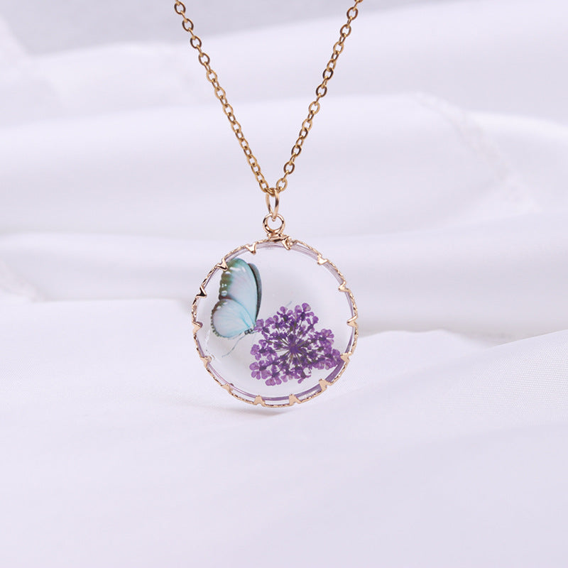 Wholesale Butterfly Small Fresh Necklace Creative Gold and Silver Dried Flower Glass Pendant Bohemian Retro Fashion Jewelry