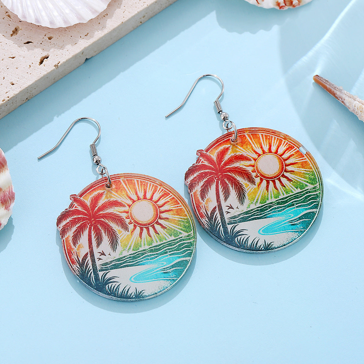 Wholesale New Holiday Style Colorful Tropical Palm Tree Coconut Tree Sun Acrylic Pendant Earrings Beach Earrings