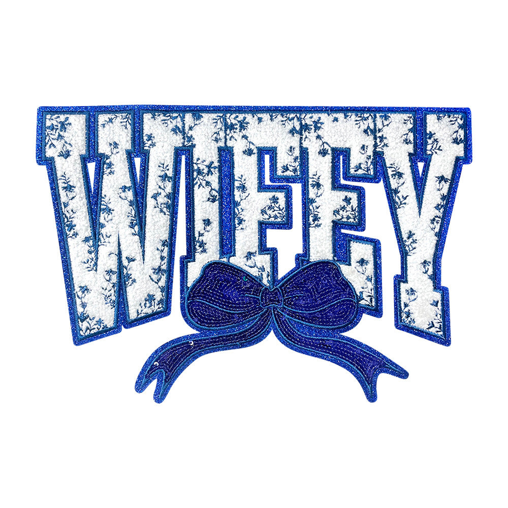 Wholesale Large Sequin Embroidered Patch Blue Wifey Motif DIY Embroidery Accessory For Coat And Bag Decoration