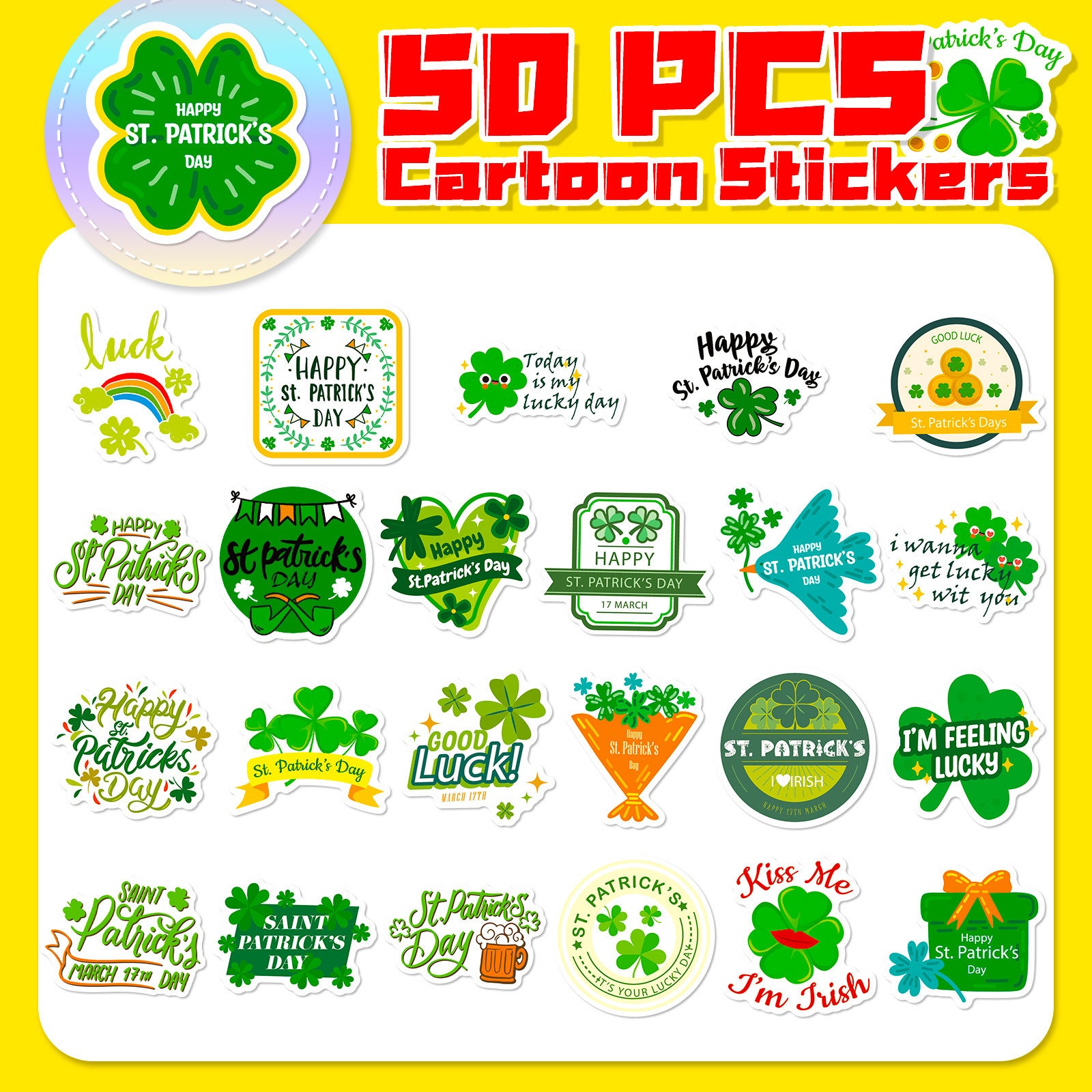 Wholesale 50pcs Green Clover St.  Patrick' s Day Lucky Plant Waterproof Vinyl Stickers