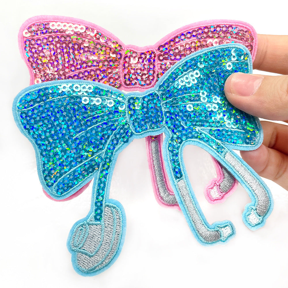 Wholesale Sequin Stethoscope Shape Iron On Patch DIY Hot Melt Adhesive Backing Embroidered Decorative Applique For Coat Craft Supply