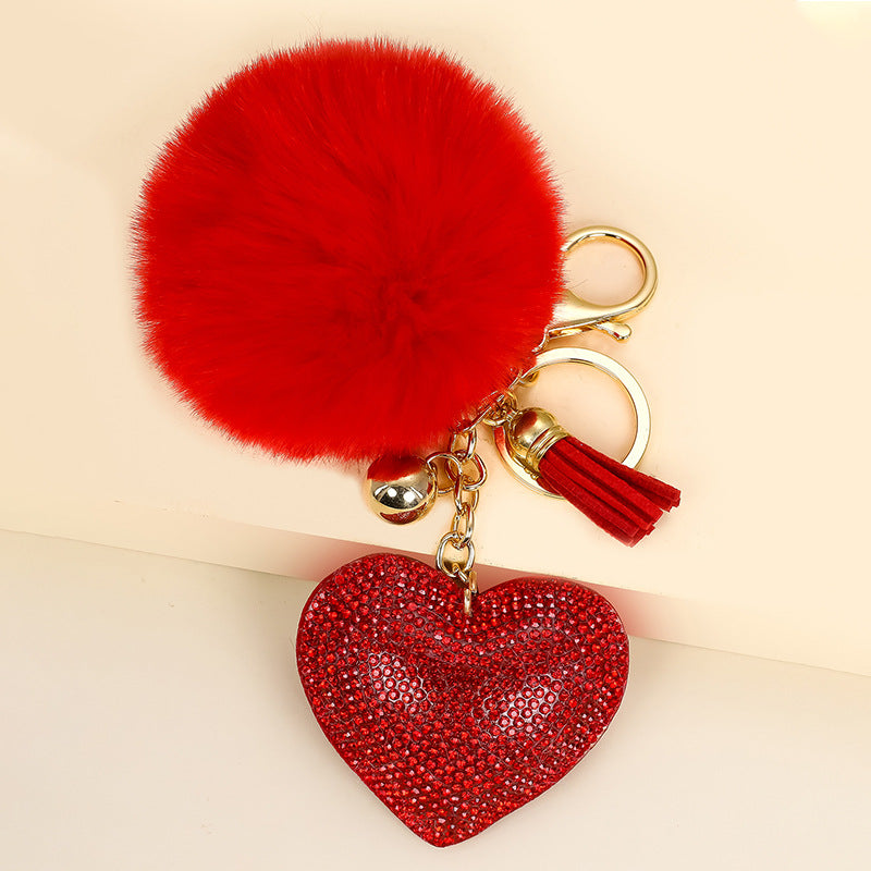 Wholesale of 50pcs Velvet Inlaid Diamond Heart Tassel Zinc Alloy Keychain