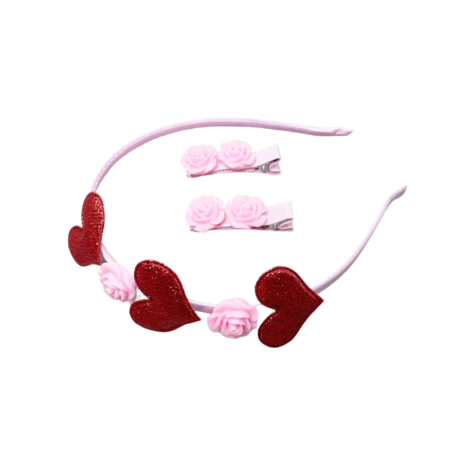 Wholesale pink love headdress suit Valentine's Day Sequined Love headband children's resin rose hairpin hair accessories
