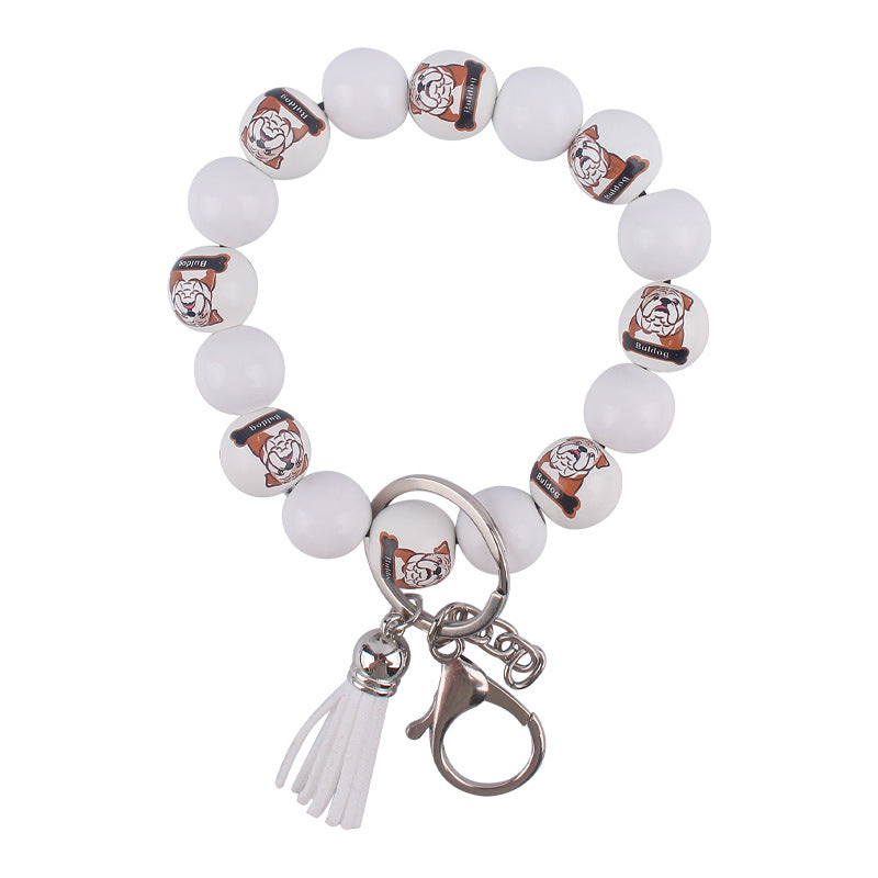 Wholesale Wooden Dog Leather PU Small Tassel DIY Beaded Bracelet Keychains
