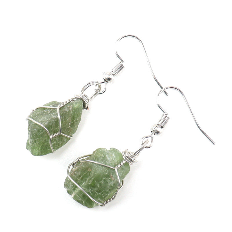 Wholesale New Handmade Silver Wound Natural Rough Crystal Agate Tourmaline Earrings