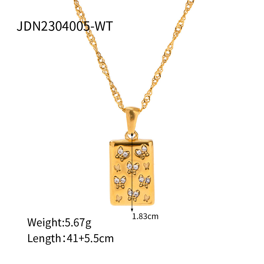 Wholesale Retro Square Butterfly White Diamond Stainless Steel Necklace