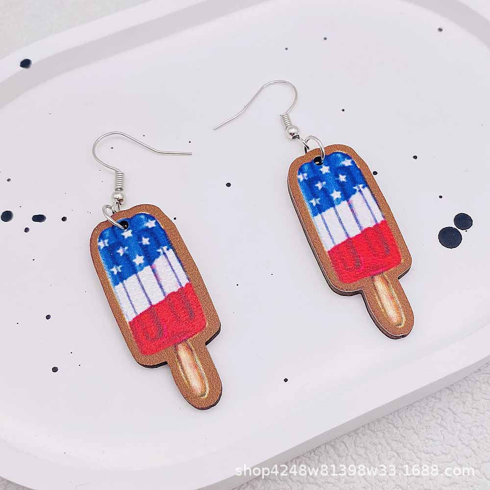 Wholesale Independence Day Five-pointed Star Ice Cream Print Wooden Earrings