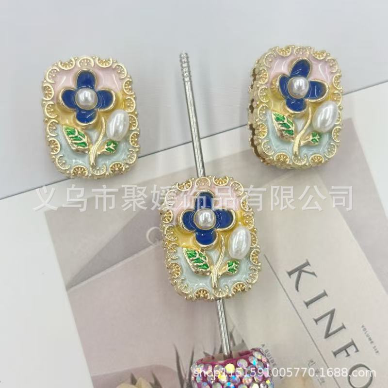 Wholesale 10pcs Oil painting style  flowers pearls beads