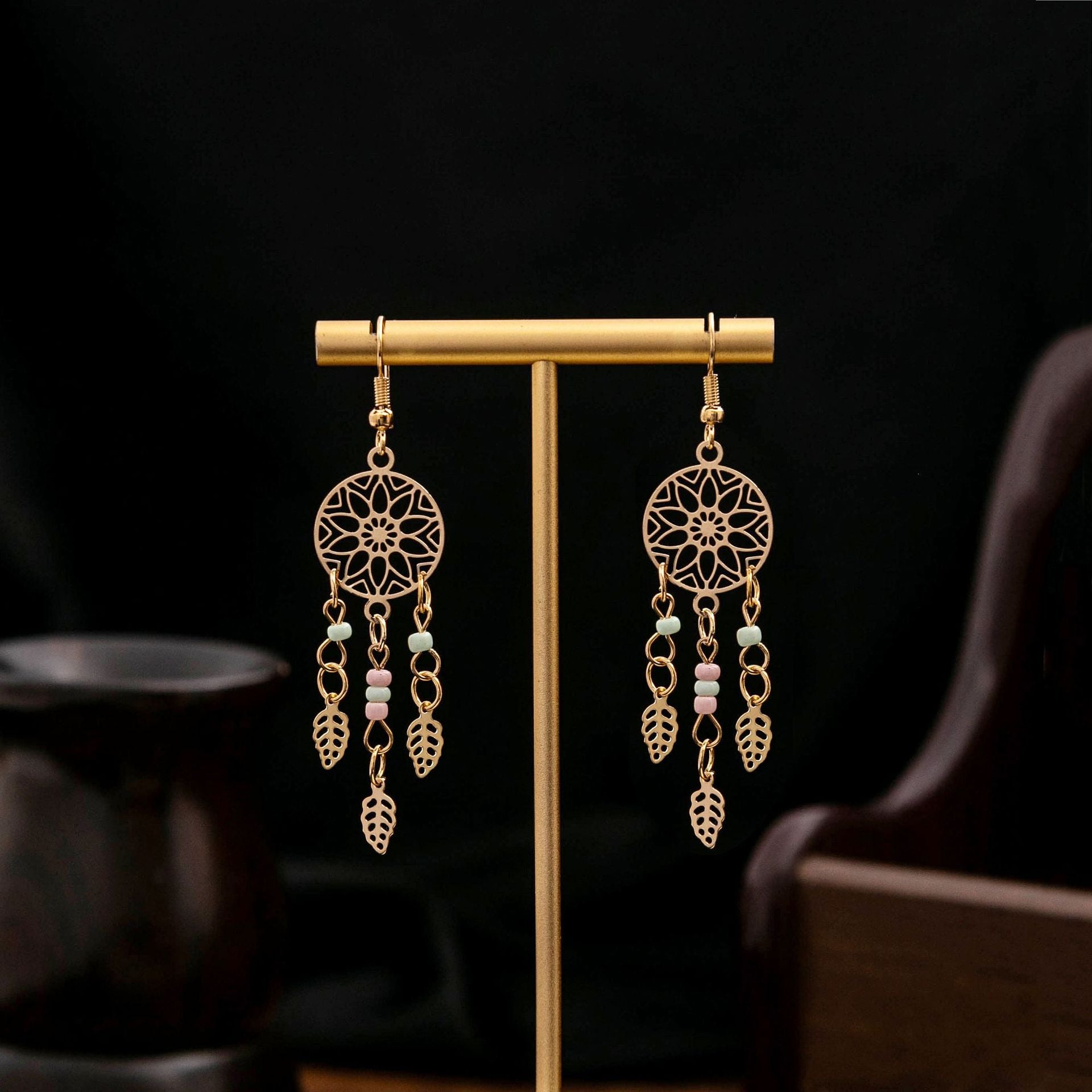 Wholesale Turquoise Bohemian Owl Dream Catcher Feather Alloy Earrings