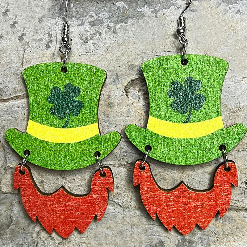 Wholesale 2 pairs/pack St. Patrick's Day Clover Green Rainbow Bearded Wooden Earrings