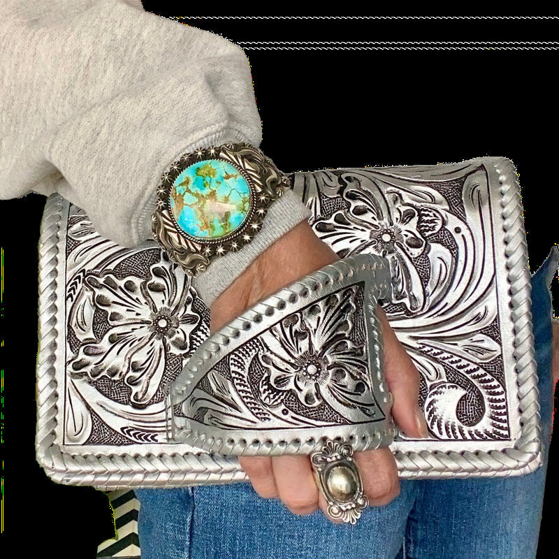 Wholesale PU Silver Embossed Trendy Western Retro Clutch Handbag With Braided Pattern Boutique Evening Party Bag For Women