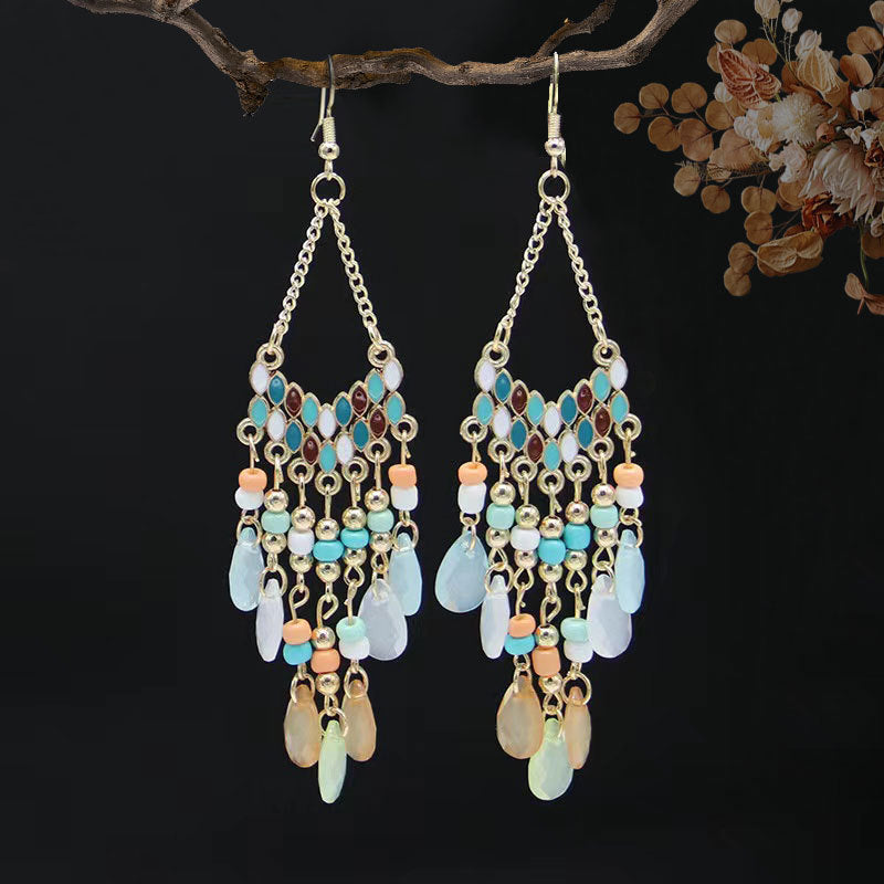 Wholesale Long bead water droplet fringe Bohemian style earrings