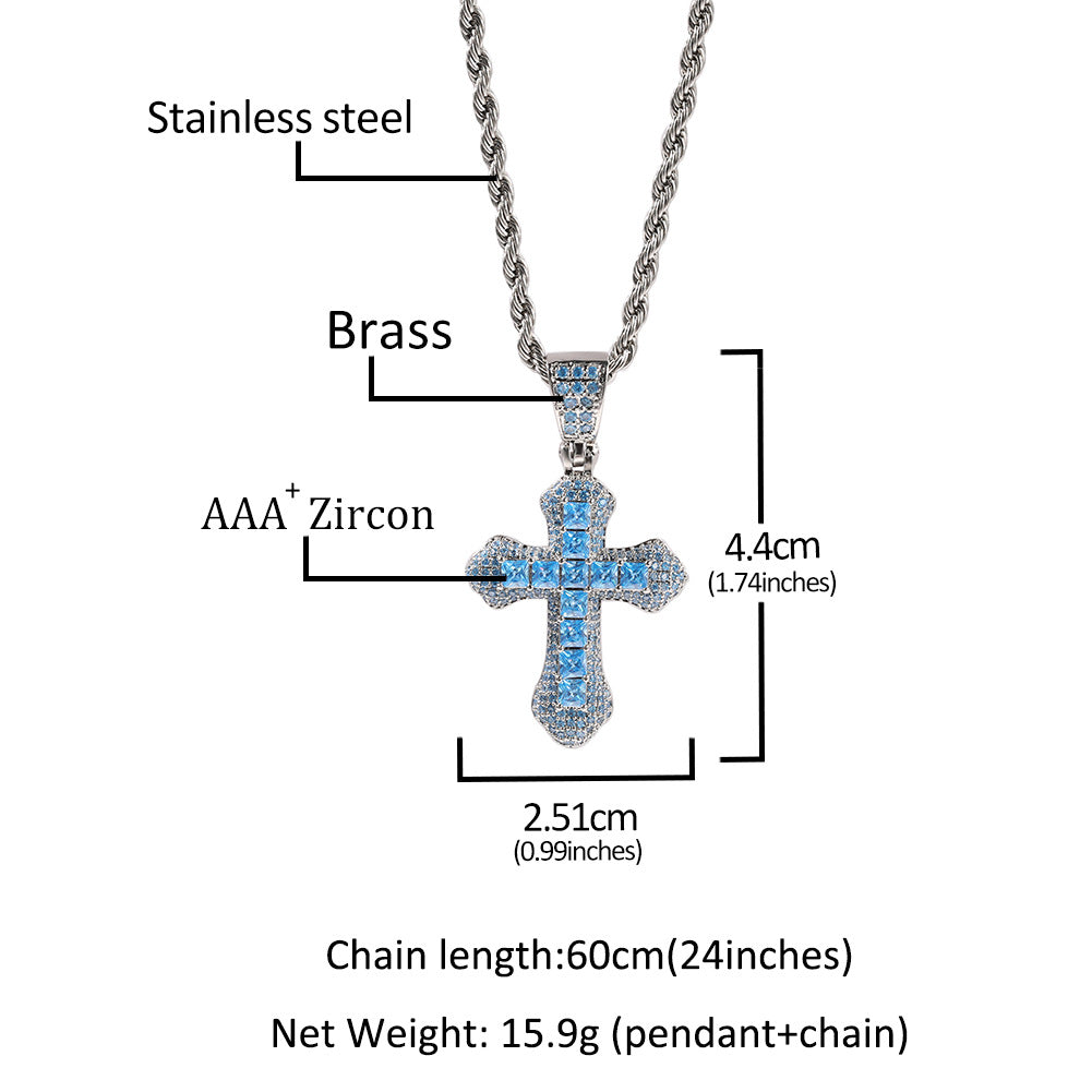 Wholesale Blue zircon colorful cross pendant men' s necklace
